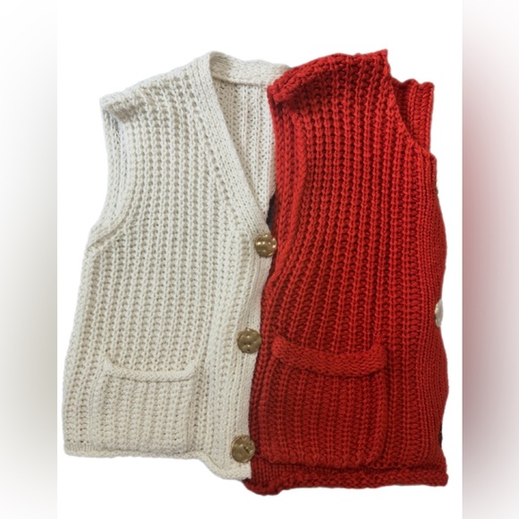 Bundle of two Red and Cream Knit Vests with Gold Buttons.Sz S. - Picture 3 of 5